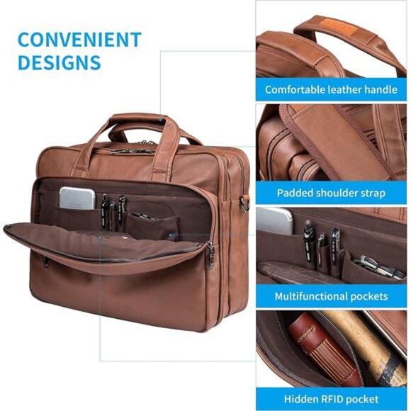 Leather Laptop Bag, Men's 15.6 Inches Messenger Briefcase Satchel - Picture 4 of 7